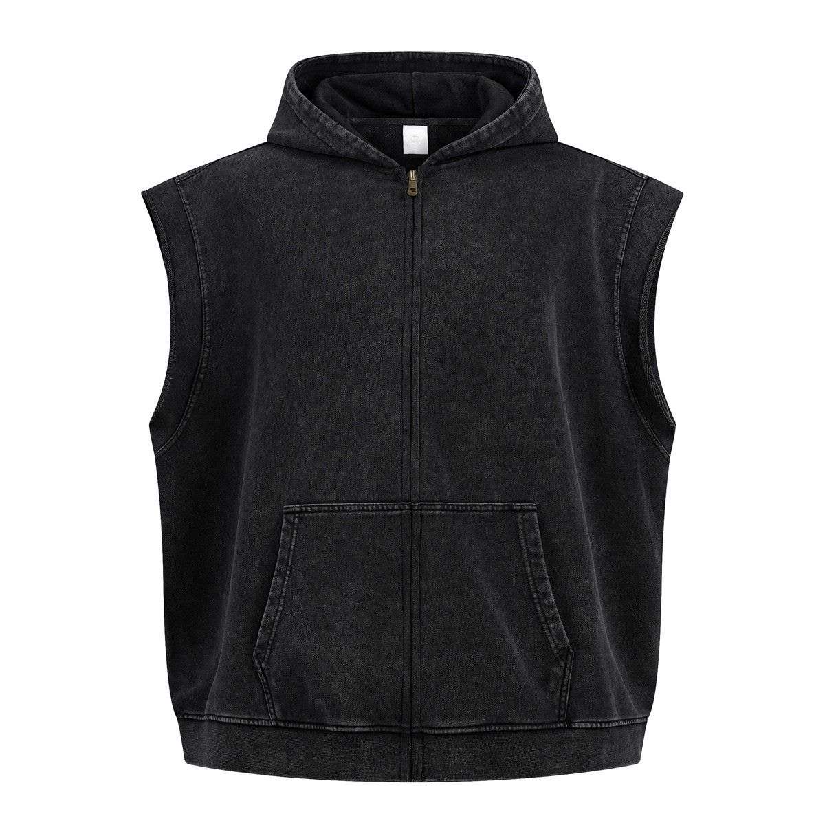 Vintage washed distressed zip hoodie vest with sleeveless design