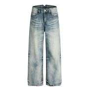 Retro Streetwear Faded Blue Whisker Jeans