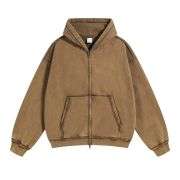 Brown washed distressed double zip hoodie