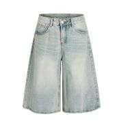 Vintage Blue Washed Loose Wide-Leg Denim Shorts