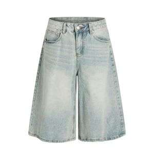 Vintage Blue Washed Loose Wide-Leg Denim Shorts
