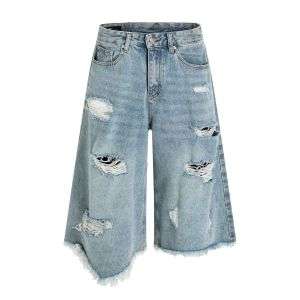 Vintage Distressed Irregular Frayed Hem Loose Denim Shorts