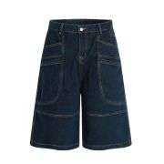 Wash Raw Denim Loose Wide-Leg Cargo-Inspired Casual Shorts