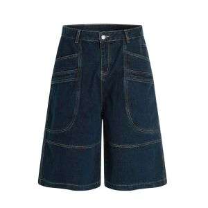 Wash Raw Denim Loose Wide-Leg Cargo-Inspired Casual Shorts