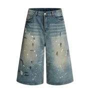 Retro Paint-Splatter Distressed Loose Streetwear Denim Shorts