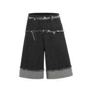Black Raw Denim Irregular Frayed Waist Streetwear Shorts