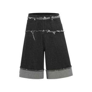 Black Raw Denim Irregular Frayed Waist Streetwear Shorts