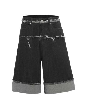 Black Deconstructed Frayed-Waist Denim Shorts – N9685