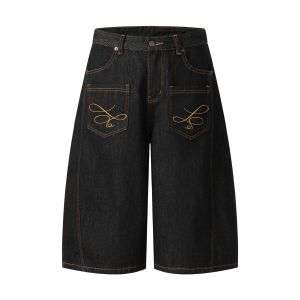 Vintage Raw Denim Embroidery Loose Wide Leg Shorts