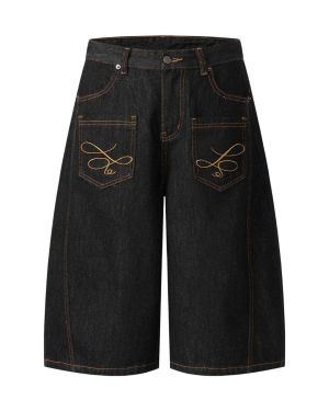 Embroidered Dark Raw Denim Wide-Leg Shorts – NB155