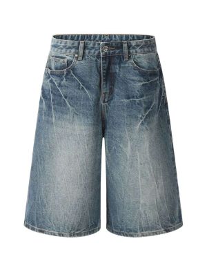 Custom Vintage Lightning Streak Washed Wide-Leg Denim Shorts Manufacturer for Private Label Streetwear Brands