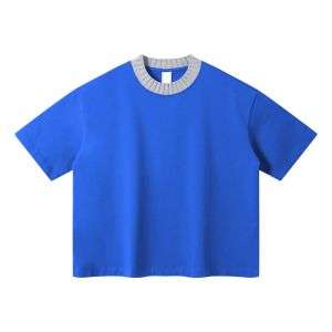 Boxy Fit Contrast Knit Collar Heavyweight Cotton Short Sleeve Tee