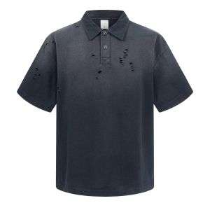 Retro Distressed Cotton Vintage Wash Polo T-Shirt