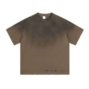 Vintage Gradient Wash Distressed Cotton Crew Neck T-Shirt