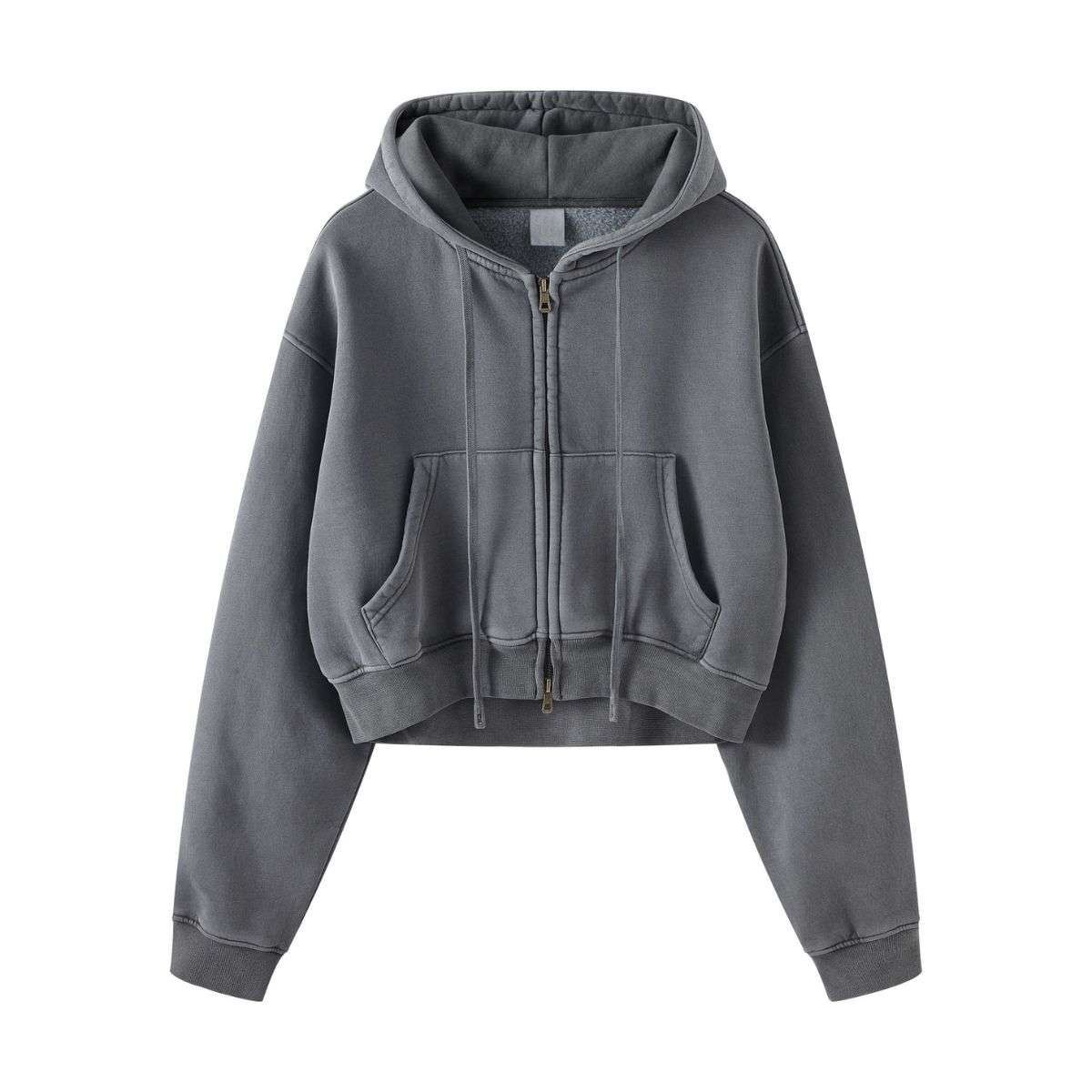 Vintage washed cropped zip hoodie for women with boxy fit