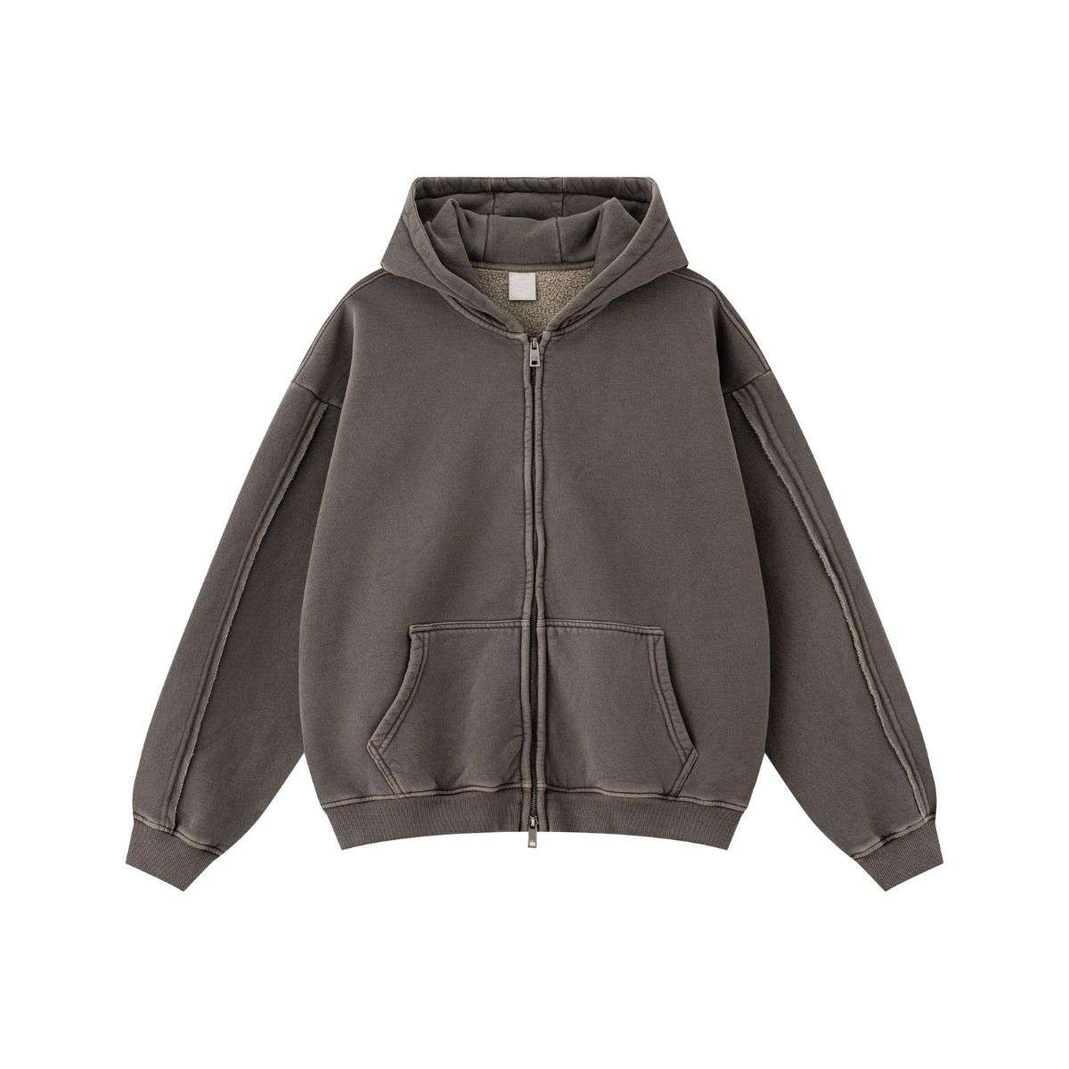 Vintage washed distressed zip-up hoodie with oversized fit