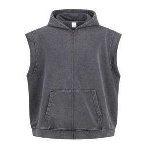 Vintage washed distressed zip hoodie vest with sleeveless design