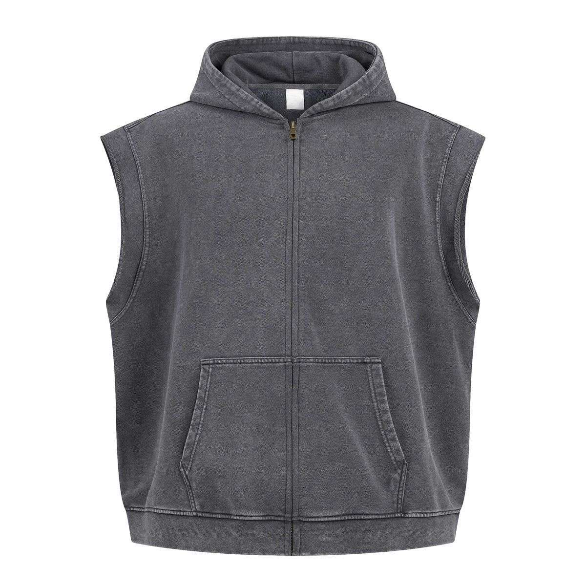 Vintage washed distressed zip hoodie vest with sleeveless design
