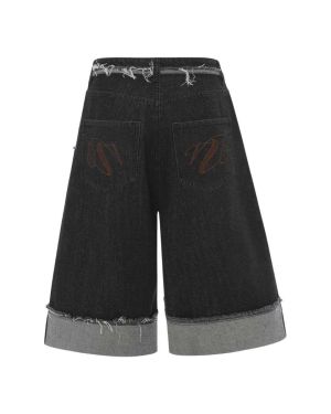 Black Deconstructed Frayed-Waist Denim Shorts – N9685