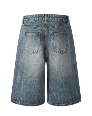 Custom Vintage Lightning Streak Washed Wide-Leg Denim Shorts Manufacturer for Private Label Streetwear Brands