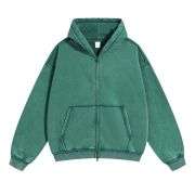 Green washed distressed double zip hoodie