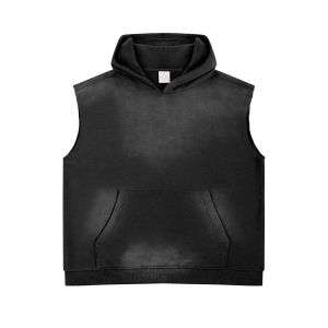 Black distressed sleeveless hoodie vest