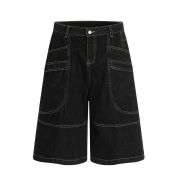 Wash Raw Denim Loose Wide-Leg Cargo-Inspired Casual Shorts