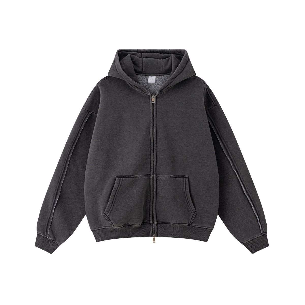 Vintage washed distressed zip-up hoodie with oversized fit