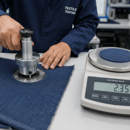 NewAsiaGarment denim fabric GSM testing - textile quality control for denim skirt production, measuring fabric weight with electronic scale in lab