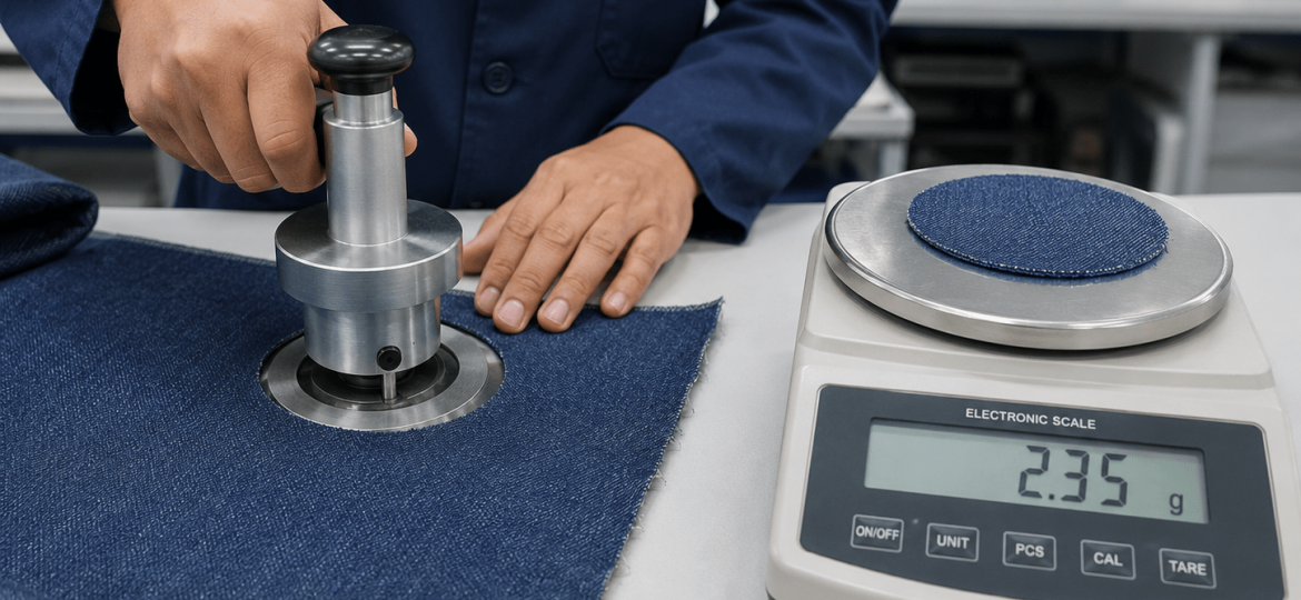 NewAsiaGarment denim fabric GSM testing - textile quality control for denim skirt production, measuring fabric weight with electronic scale in lab
