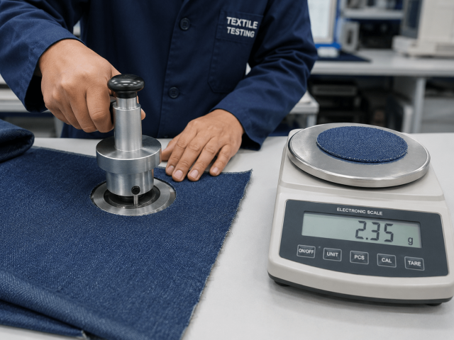 NewAsiaGarment denim fabric GSM testing - textile quality control for denim skirt production, measuring fabric weight with electronic scale in lab