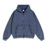 Blue washed distressed double zip hoodie