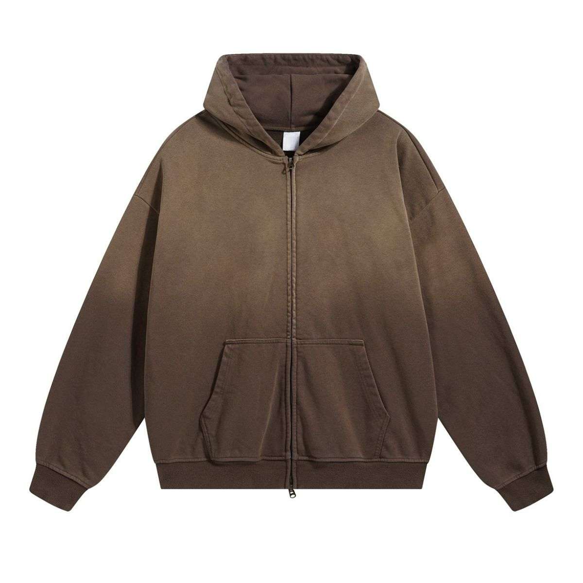 Brown washed zip-up streetwear hoodie