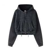 Vintage washed cropped zip hoodie for women with boxy fit