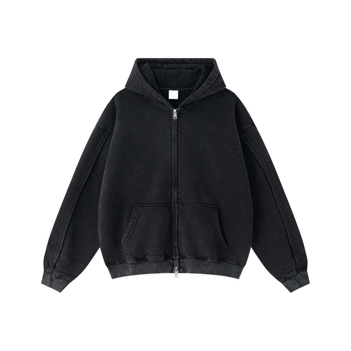Vintage washed distressed zip-up hoodie with oversized fit