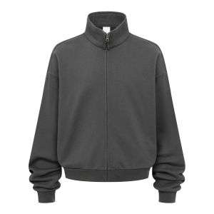 Dark grey mock neck zip-up sweatshirt jacket