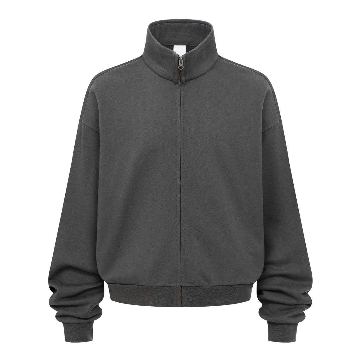 Dark grey mock neck zip-up sweatshirt jacket