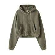 Vintage washed cropped zip hoodie for women with boxy fit
