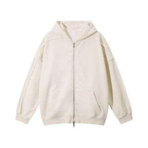 Cream raw edge zip hoodie