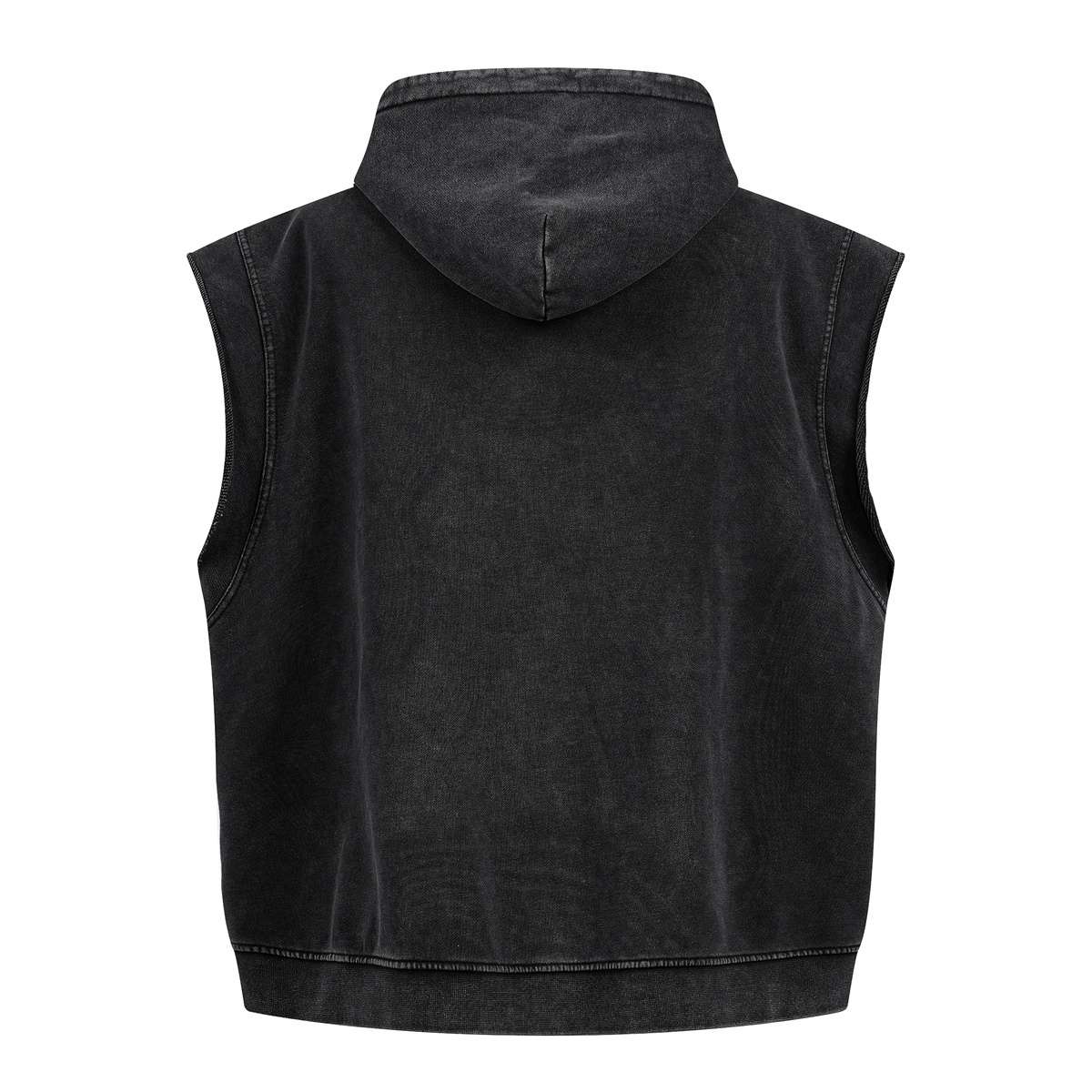Vintage washed distressed zip hoodie vest with sleeveless design