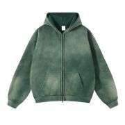 Dark green spray washed fleece double zip hoodie