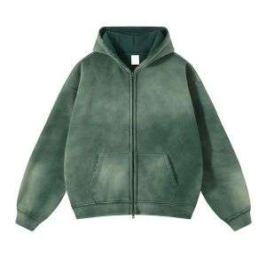 Dark green spray washed fleece double zip hoodie