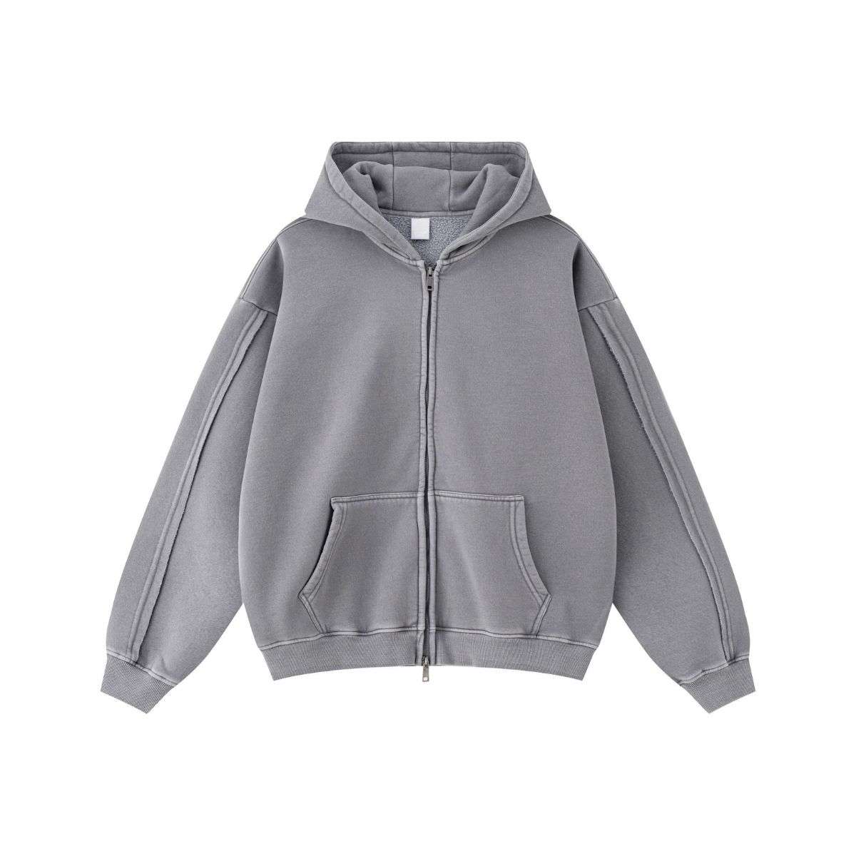 Vintage washed distressed zip-up hoodie with oversized fit