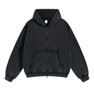 Black washed distressed double zip hoodie