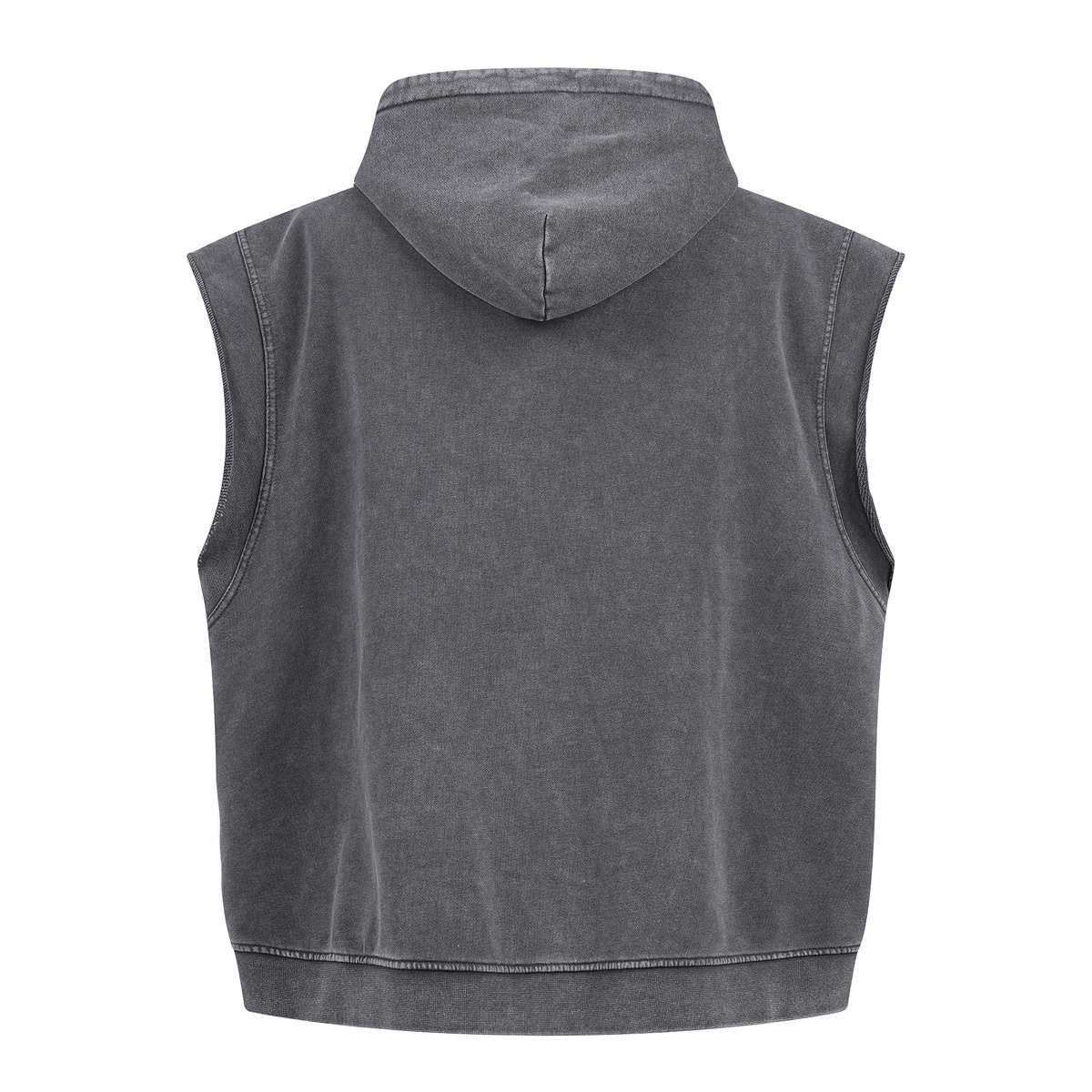 Vintage washed distressed zip hoodie vest with sleeveless design