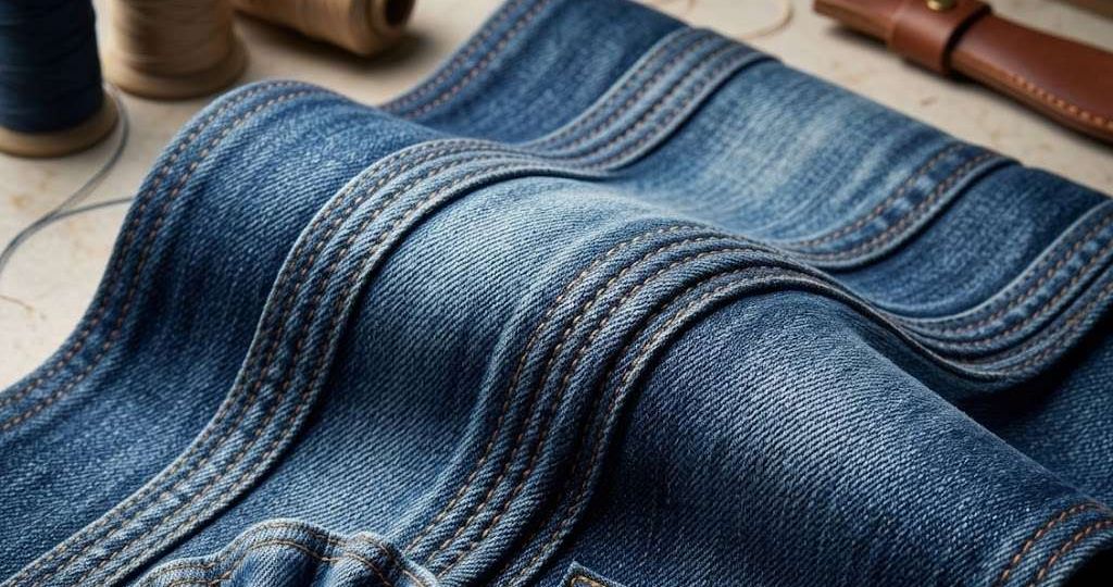 Close-up of stretch denim fabric showing elasticity and recovery performance