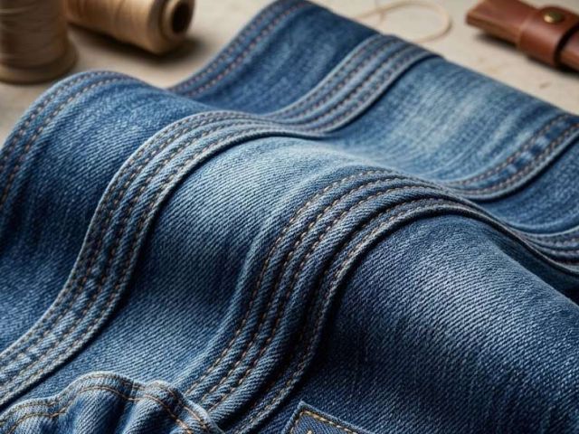 Close-up of stretch denim fabric showing elasticity and recovery performance