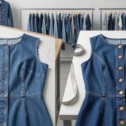 Skilled garment workers sewing custom distressed denim skirts