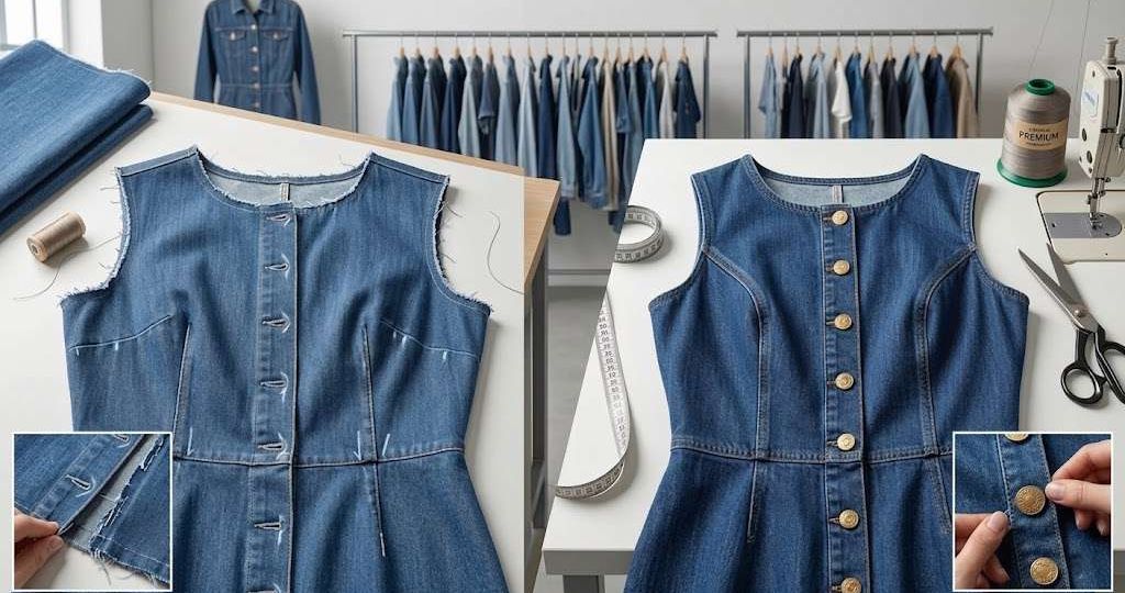 Skilled garment workers sewing custom distressed denim skirts