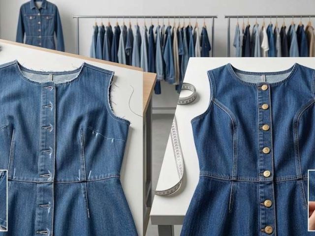 Skilled garment workers sewing custom distressed denim skirts